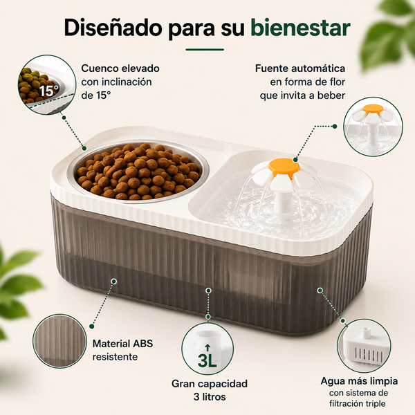 HydroDuo™ — Comedero Elevado con Fuente Automática 3L