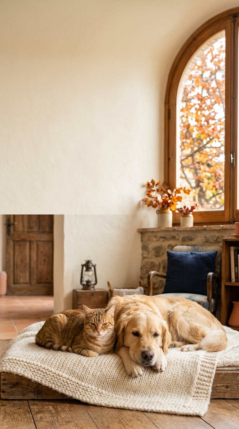 Perro y gato descansando en casa en otoño