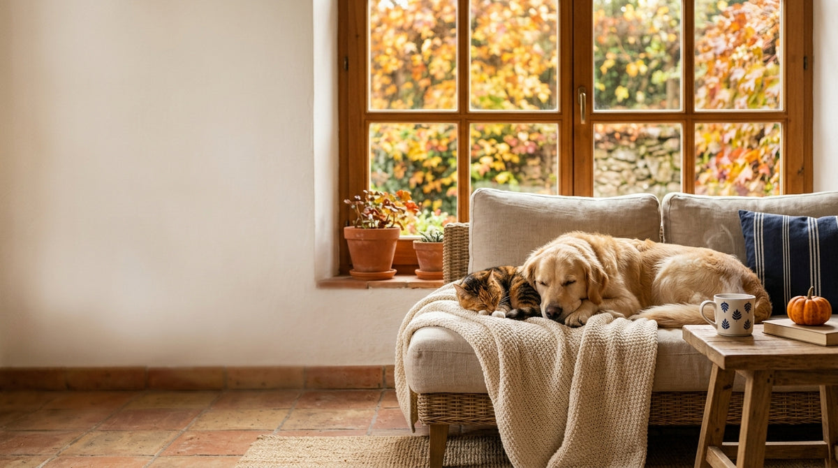 Perro y gato descansando en casa en otoño
